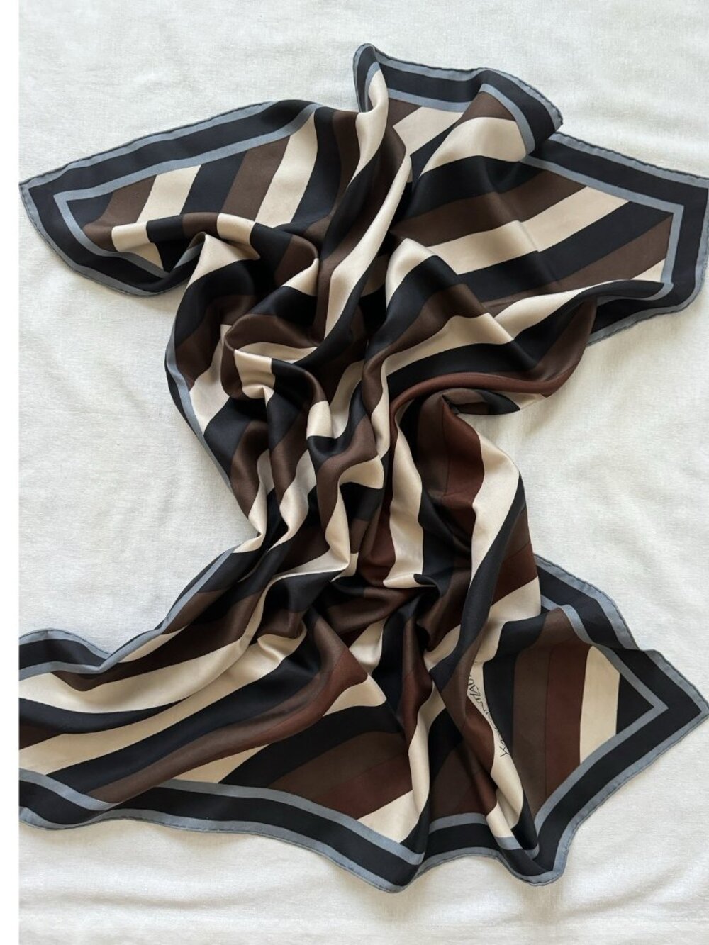 YSL Yves Saint Laurent Striped Neutral Large Brown Beige Silk Scarf 34in